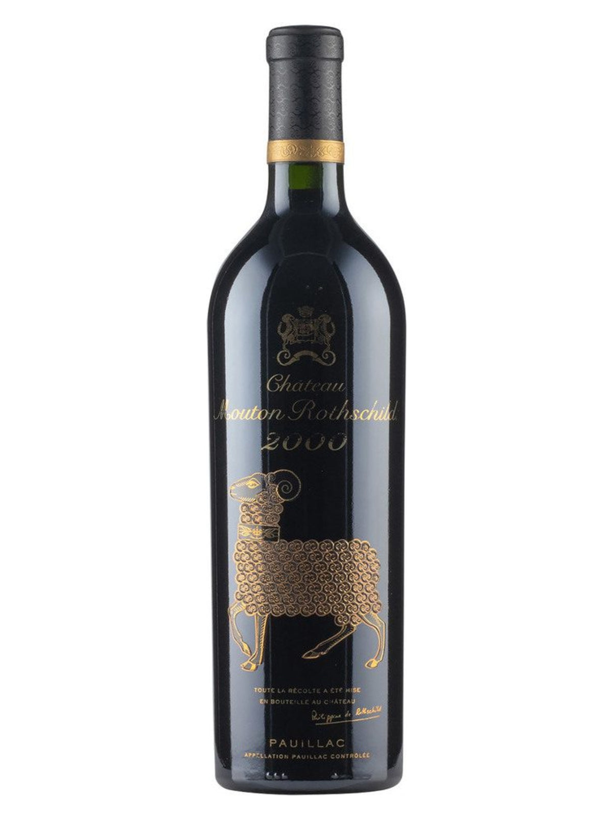 Château Mouton Rothschild 2000 bottle with gold-etched ram